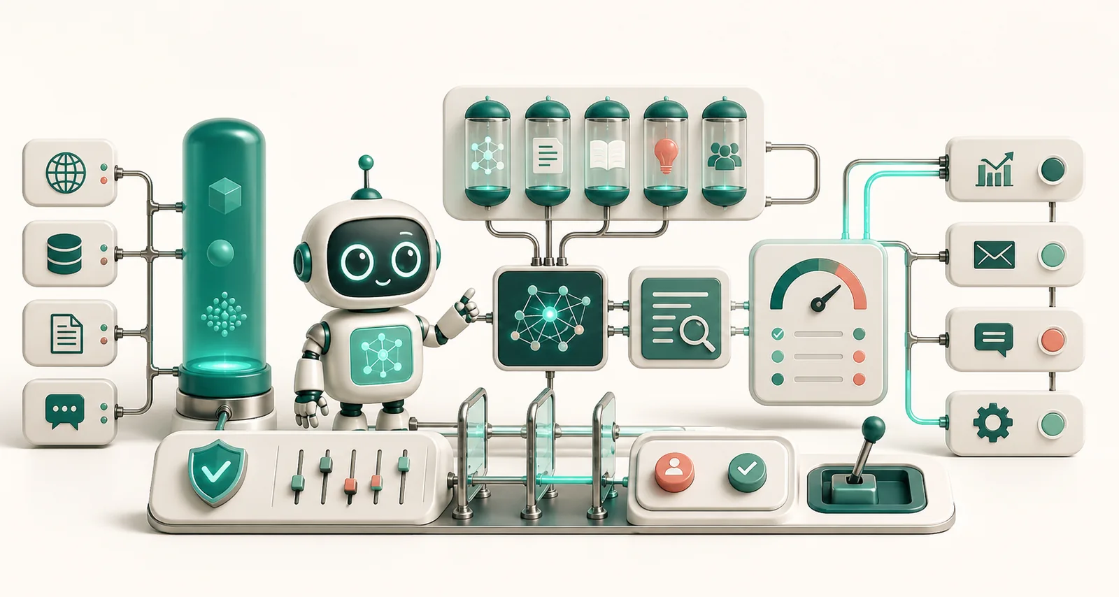 Ilustración de IA aplicada, agentes, conocimiento, evaluación y automatización controlada