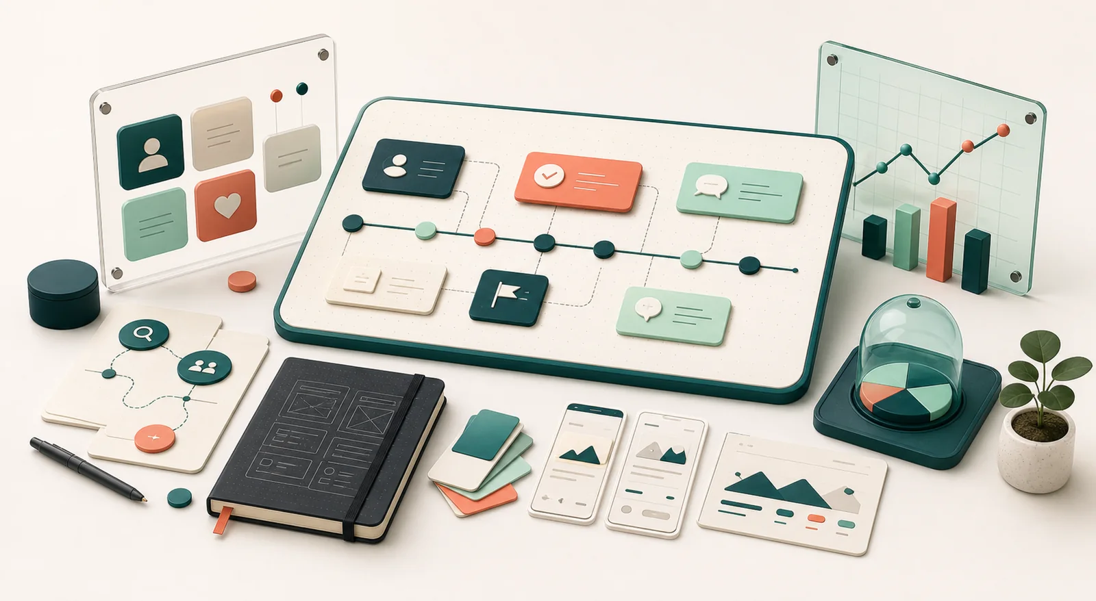 Ilustración de estrategia de producto, discovery, roadmap y métricas