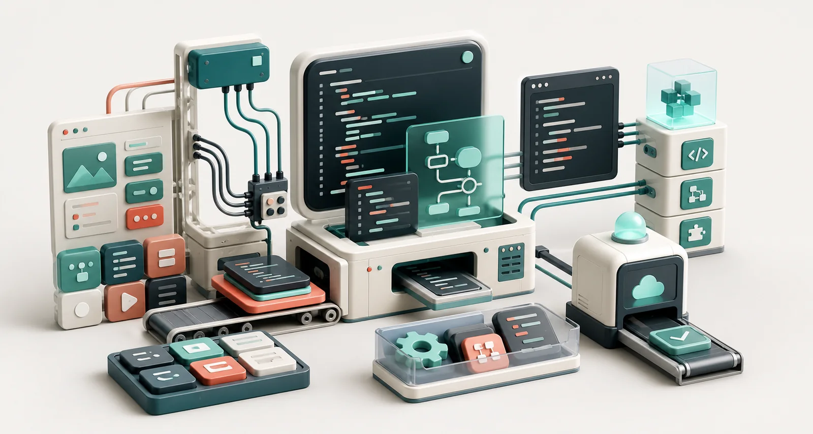 Ilustración de desarrollo de software, low-code, APIs e integraciones